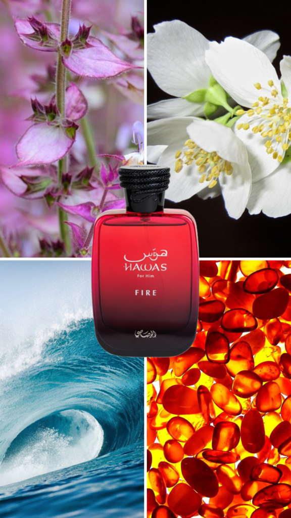 Rasasi Hawas Collection Close-up of the Rasasi Hawas Fire perfume bottle, featuring a bold, fiery design and premium packaging, representing an intense and passionate fragrance.