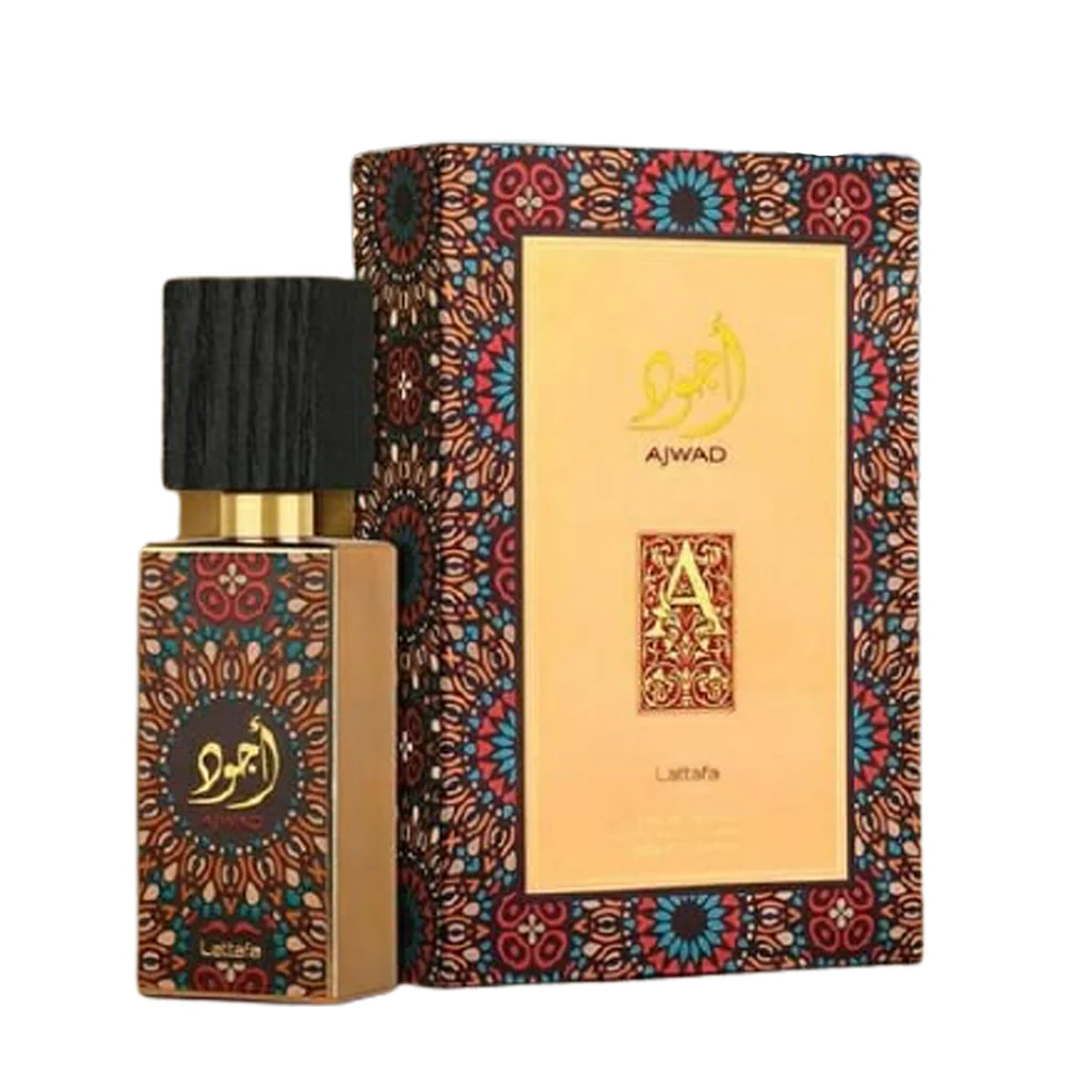 Lattafa Ajwad Eau de Parfum – A luxurious unisex fragrance with fresh top notes of lychee and bergamot, a floral heart of jasmine and rose, and a woody base of cedarwood and sandalwood.