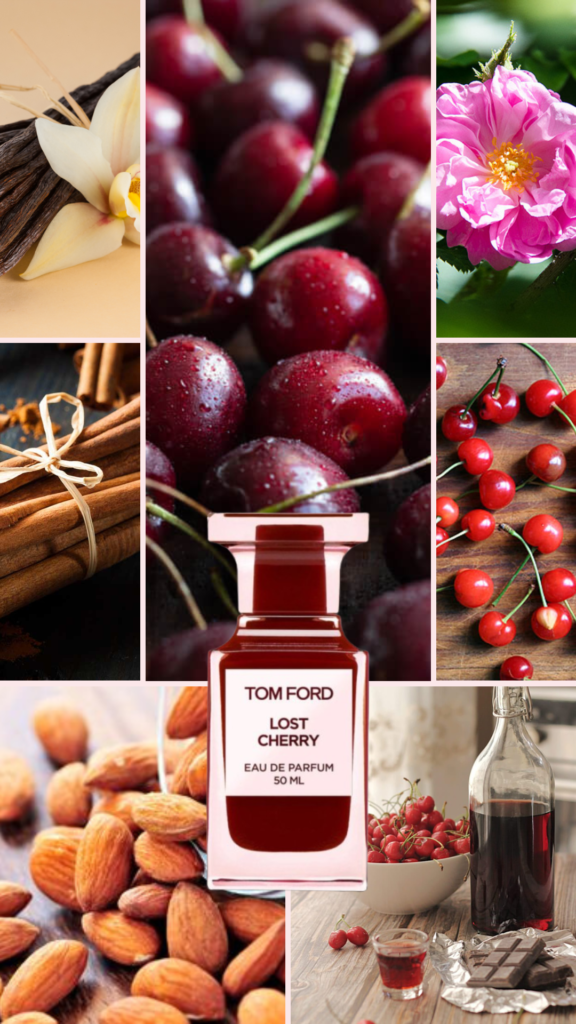 Close-up of Tom Ford Lost Cherry perfume bottle with a blurred background, highlighting the luxury fragrance's packaging and design.