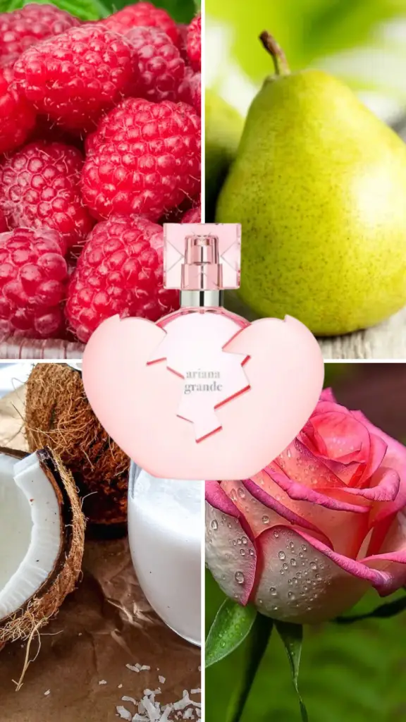 Ariana Grande perfumes Ariana Grande Thank U, Next Eau de Parfum – a sweet and flirty fragrance with notes of white pear, wild raspberry, creamy coconut, and macaroon sugar.