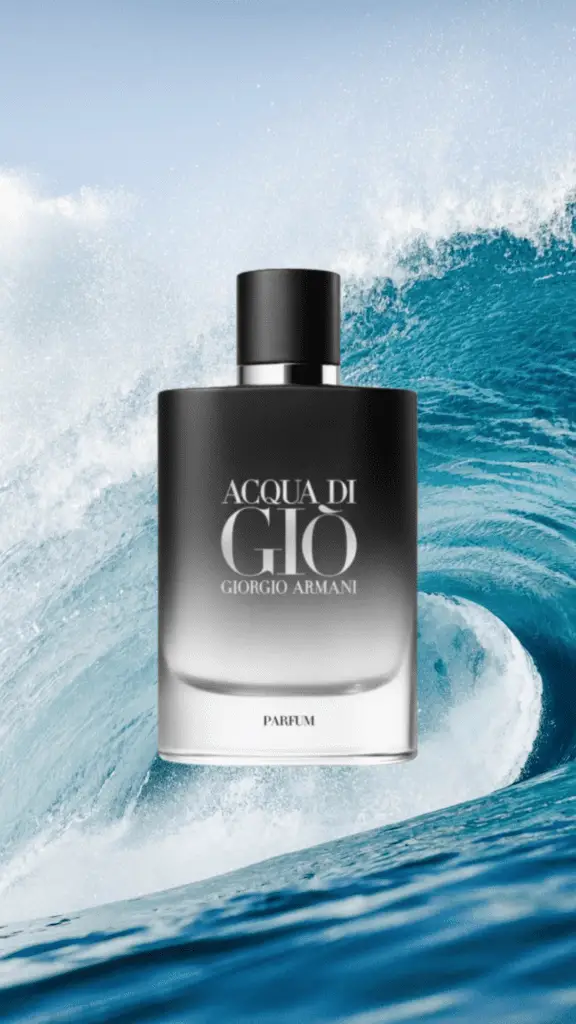 A sophisticated bottle of Acqua di Gio Parfum by Giorgio Armani, featuring an elegant deep blue glass design with a silver cap, reflecting a fresh and refined marine-inspired fragrance.