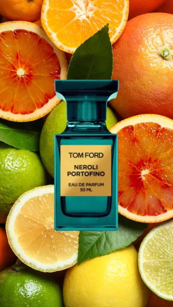 A luxurious bottle of Tom Ford Neroli Portofino, with a vibrant turquoise glass design and a gold label, capturing the essence of a fresh, citrusy Mediterranean fragrance.