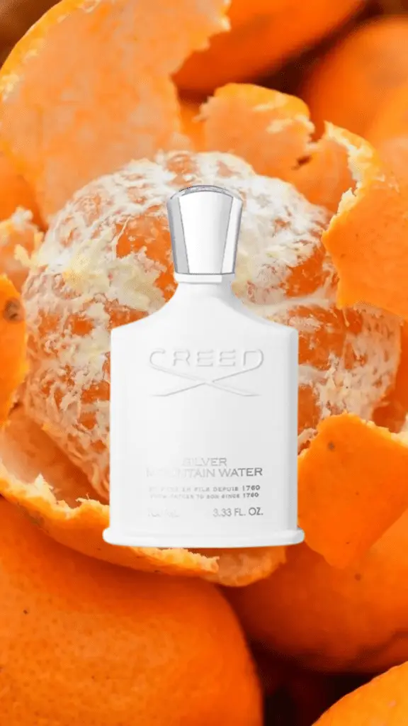 A distinctive bottle of Creed Silver Mountain Water, featuring a sleek white design with a silver cap, inspired by the freshness of alpine landscapes and crisp mountain air.