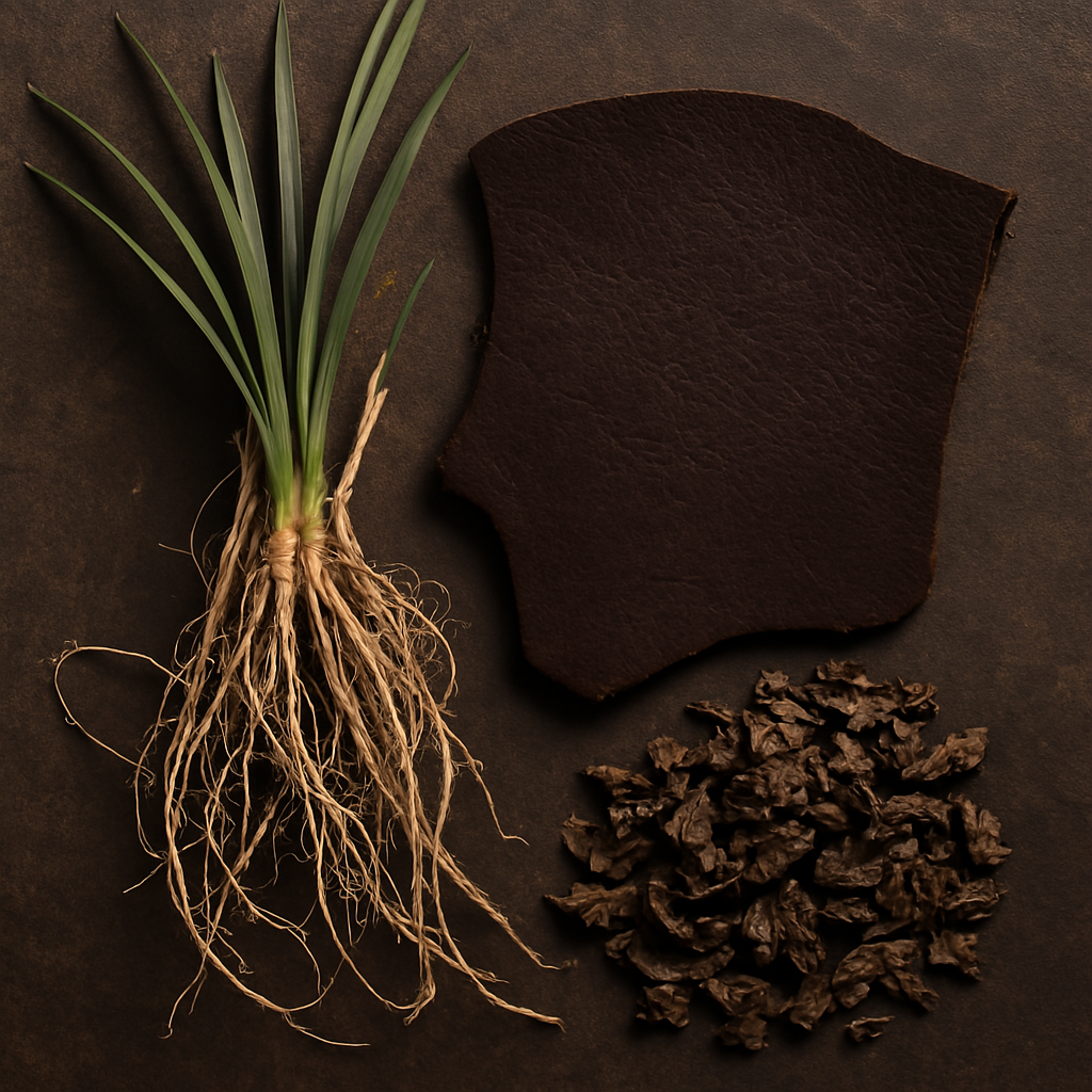 A photograph displaying key ingredients of Mont Blanc Explorer: fresh vetiver roots, a rugged piece of dark leather, and dried patchouli leaves. The earthy tones and rich textures highlight the fragrance’s adventurous and sophisticated character. Perfect for a Mont Blanc Explorer review.