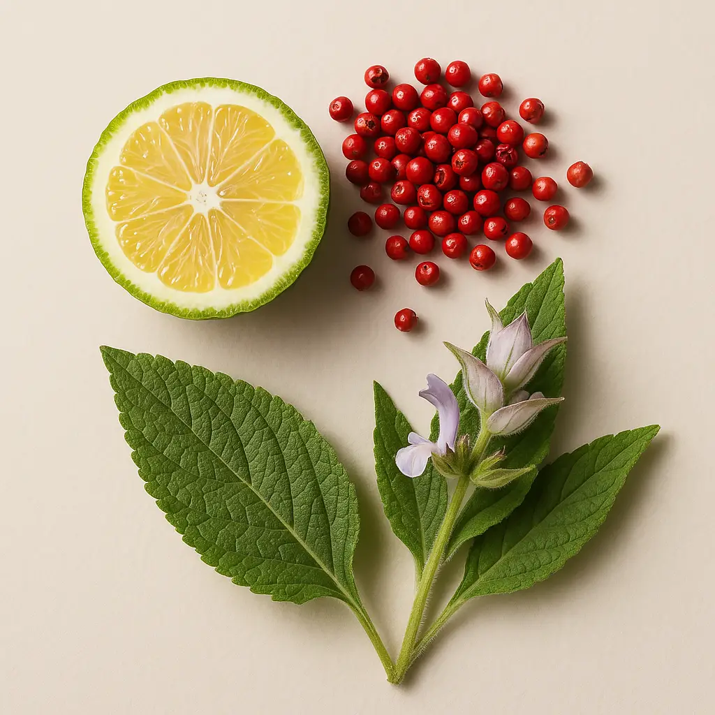 A photograph displaying key ingredients of Mont Blanc Explorer: fresh bergamot, pink peppercorns, and clary sage leaves. The vibrant citrus, spicy, and herbal elements highlight the fragrance’s fresh and energetic opening. Perfect for a Mont Blanc Explorer review.