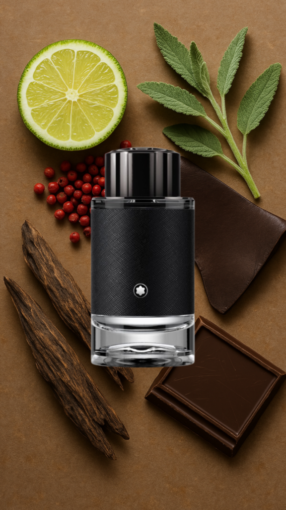 A photograph displaying the key ingredients of Mont Blanc Explorer, including fresh bergamot, pink peppercorns, clary sage, earthy Haitian vetiver, smoky leather, rich agarwood (oud), warm amberwood, and subtly sweet cocoa, arranged on a textured surface. Perfect for a Mont Blanc Explorer Review.