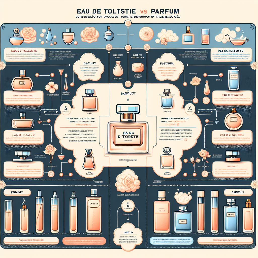 A realistic visual comparison between Eau de Toilette vs Parfum, highlighting key differences in concentration, longevity, and usage, with clear text for easy understanding.