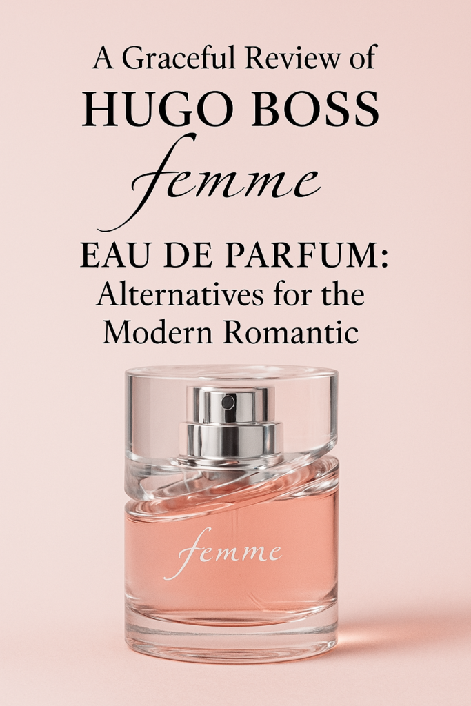 An elegant bottle of Hugo Boss Femme Eau de Parfum, showcasing its soft pink liquid and minimalist design, symbolizing femininity and modern sophistication.
